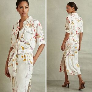 Reiss Faya Floral Print Belted Midi Dress Womens 4 in Ivory Orange Career Casual